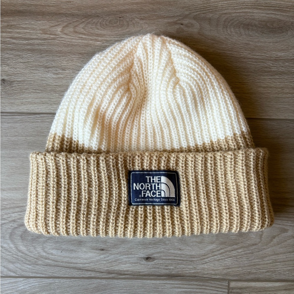 The North Face Beige and White Knit Logo Beanie